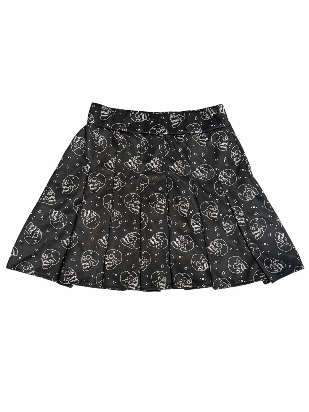 Black Skull Print Pleated Mini Skater Skirt Goth Punk Emo Y2K Medium Grunge